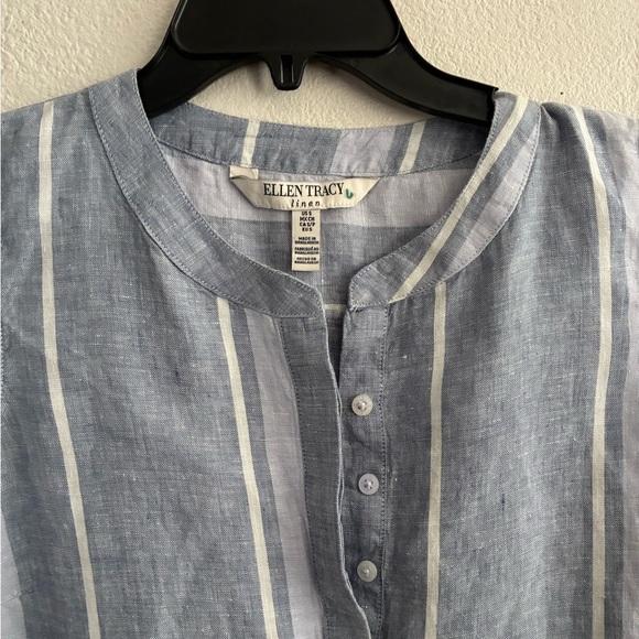 Ellen Tracy Linen Sleeveless Top Womens Blue White Stripe Button Up Neckline S - Picture 9 of 15
